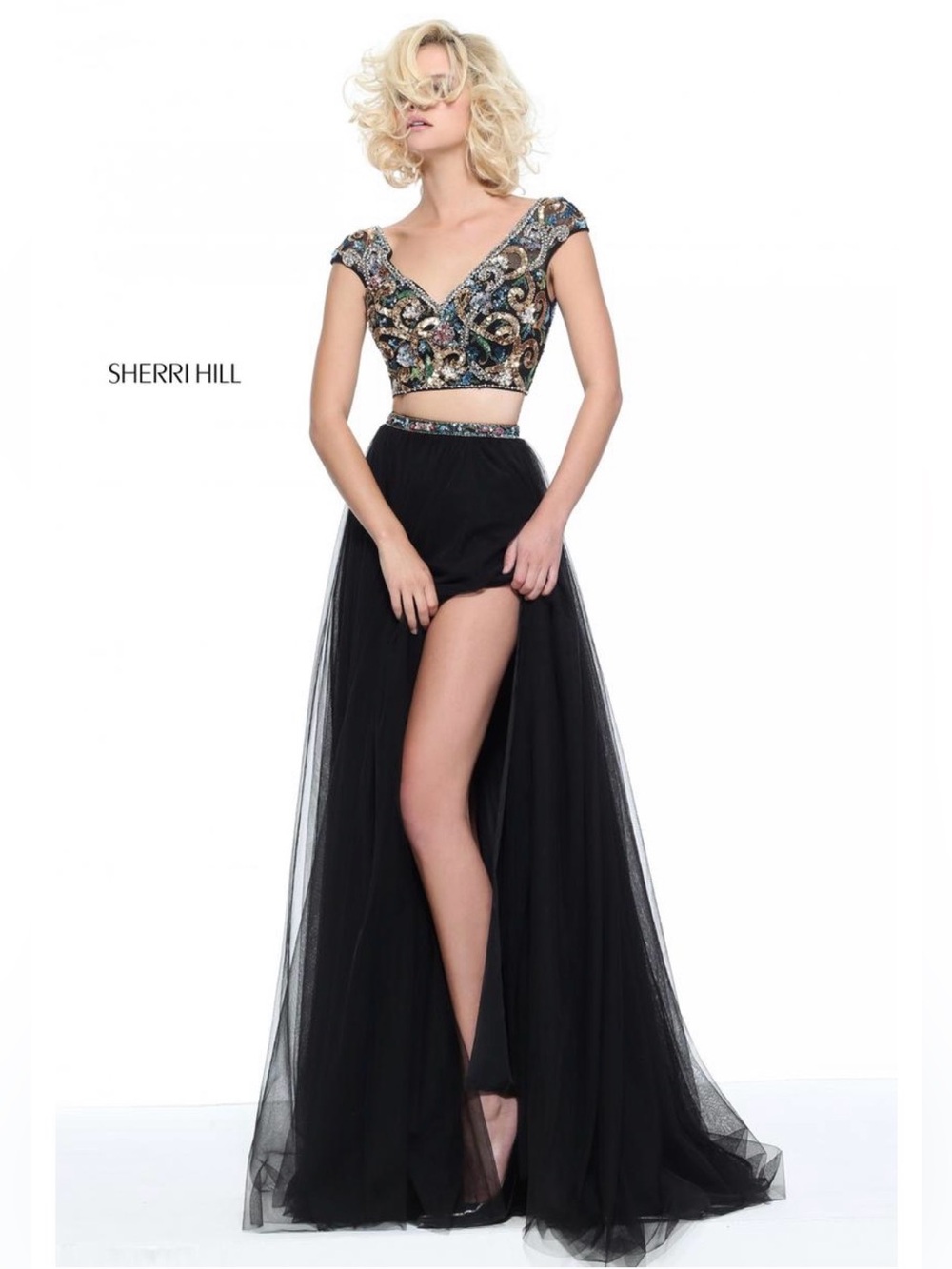 Sherri Hill Black Two-Piece Beaded Crop Top Gown